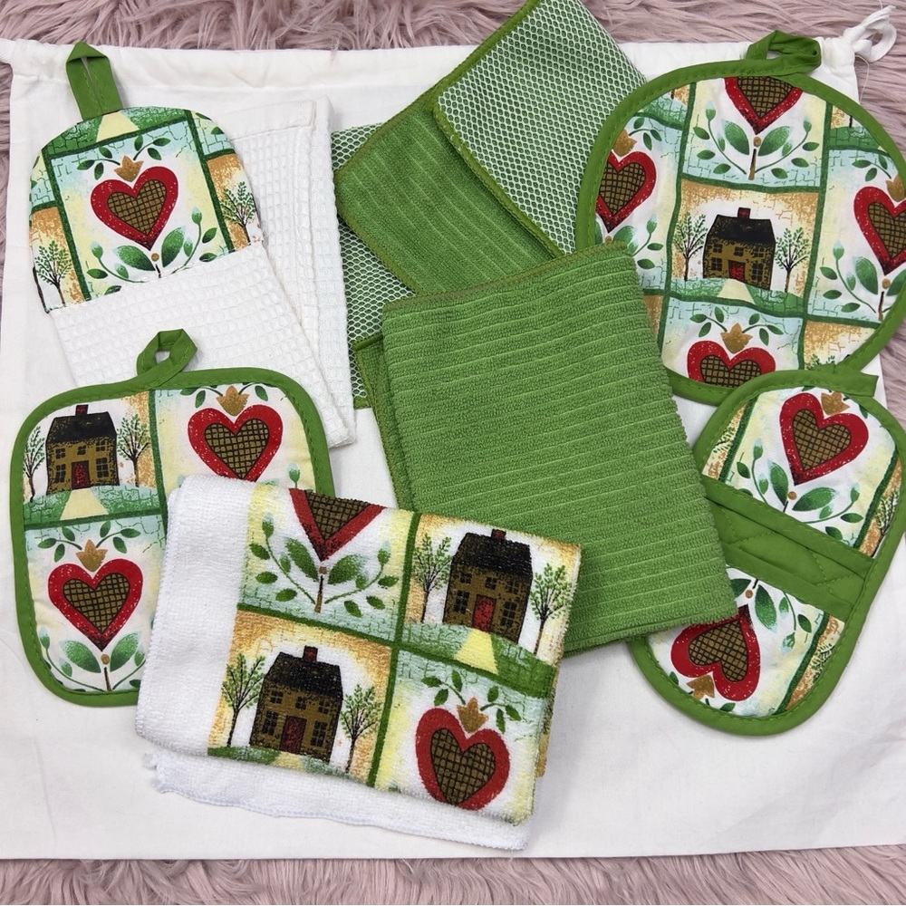 Farmhouse Kitchen Towel & Pot Holder Set - 7pc “Home is Where the Heart Is" NWOT